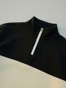 1pc Men's Casual Half-Zip Half-Placket Contrast Color Patchwork Long Sleeve Sweatshirt - Black - View 6