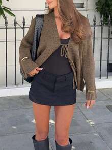 FOR BEAUTY 复古V领系带长袖针织开衫，时尚简约百搭，宽松休闲毛衣外套，女士秋季新年款 - 花喀喀 - 查看 3