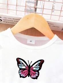 女童蝴蝶印花短袖网纱连衣裙 - 玫紅色 - 查看 3