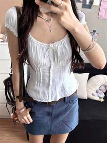 Women's Y2K Fairycore Shirt Top Vintage Cap Sleeve Tie Front Square Neck Button Down Ruffle T Shirts Crop Tops Solid Color Slim Fit Frill Tees Summer Blouses Casual Going Out Tops Aesthetic Clothes Party Club Streetwear - 白色 - 查看 7