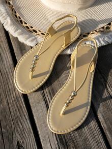 Handmade Beaded Bohemian Summer Women Flat Sandals - Gold - View 2