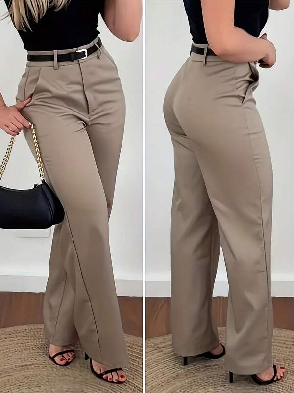 Fashionable Women's Straight Leg Pants, Made Of Non-Stretch Woven Fabric, Featuring Button And Zipper Details, Ideal For Autumn/Winter Outfits.