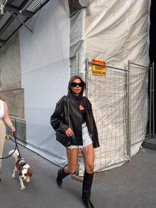 DEEKA 秋冬新款女装欧美风落肩纹理仿皮夹克 黑色 - 黑色 - 查看 2