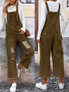 Recasual Women's Shoulder Strap Jeans, Solid Color Denim Pants, Mid Waist Slightly Elastic, Slim Fit And Slimming, Suitable For All Seasons, Paired With Distressed Craftsmanship, Fashionable And Youthful, Suitable For Back To School Season, Retro, Rebellious Girls, Sweet Girls, Street, Work, Travel, Daily Leisure, Datingclothing, Comfortable Women's Autumn And Winter Clothingchristmas Outfit Women, Y2k Clothes, Tall Birthday Outfits For Women Going Out - 卡其色 - 查看 1