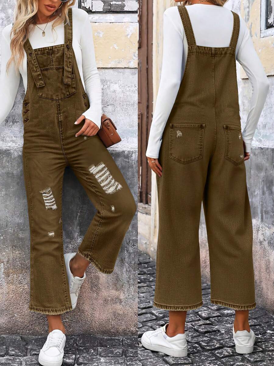 Recasual Women's Shoulder Strap Jeans, Solid Color Denim Pants, Mid Waist Slightly Elastic, Slim Fit And Slimming, Suitable For All Seasons, Paired With Distressed Craftsmanship, Fashionable And Youthful, Suitable For Back To School Season, Retro, Rebellious Girls, Sweet Girls, Street, Work, Travel, Daily Leisure, Datingclothing, Comfortable Women's Autumn And Winter Clothingchristmas Outfit Women, Y2k Clothes, Tall Birthday Outfits For Women Going Out - 卡其色 - 查看 1