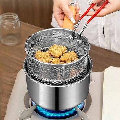 3-delige frituurpanset van 304 roestvrij staal met filter, multifunctionele kleine frituurpan voor huishoudelijk gebruik met deksel en afneembaar handvat, voor het frituren van friet/kipreepjes - Frituurpan van 304 roestvrij staal, geschikt voor het frituren van friet, kip, het koken van melk, het bereiden van noedels, mini-frituurpan - Essentieel kookgerei - Geen elektriciteit nodig