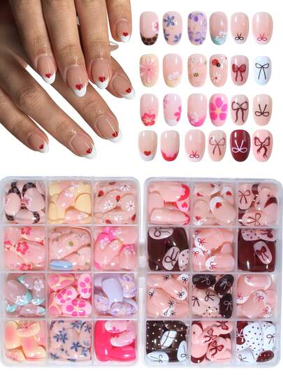 576 piezas (24 estilos mixtos) Pegatinas de uñas de gel 3D ovaladas cortas, pueden crear diseños de uñas con flores, marrón, corazón, estampado de leopardo y mariquita. Juego de uñas postizas acrílicas cortas, ajuste perfecto, adecuado para el verano, uso diario y fiestas.
