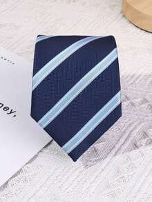 1pc Jacquard Weave 8cm Navy Blue & Blue Striped Necktie, Unisex Business Attire - Multicolor - View 4