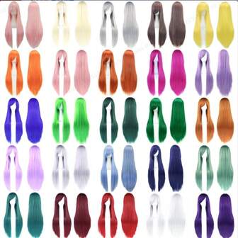 80 cm 32 pulgadas, peluca de cabello liso y largo con flequillo, resistente al calor, cabello sintético 100% de densidad, estilo de disfraz para fiestas, perfecta para festivales de música, carnavales, Navidad y uso diario