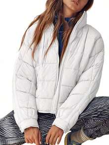 Womens Fashion Short Oversized Puffer Jacket Lightweight Water Resistant Packable Winter Coat - 白色 - 查看 2