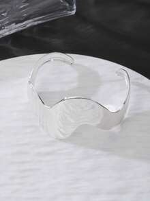 1 pieza Brazalete abierto de lujo con textura ondulada metálica y geométrica para mujeres - Plateado - Ver 5