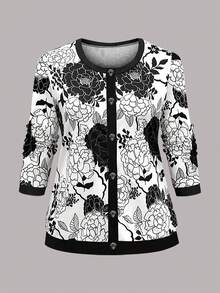 Damen Große Größen Set aus Blumen-Cardigan und schwarzem Rock, elegantes Outfit mit Rundhalsausschnitt, normale Ärmel, mittlere Stretchqualität, Knopfdetails - Schwarz - Übersicht 5