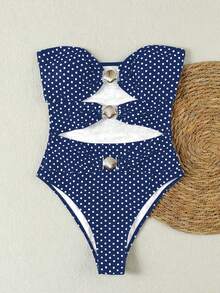 新款春夏性感休闲优雅蓝色波点镂空沙滩度假约会连体泳衣（女款） - 藍色 - 查看 2