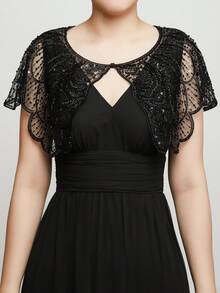 EVERPRETTY 优雅雪纺V领无袖褶皱黑色长款正式伴娘礼服婚礼宾客礼服婚礼毕业典礼 - 黑色 - 查看 8