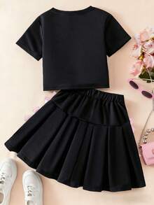 Young Girl Letter Print Round Neck Short Sleeve Top And Skirt Set - Black - View 2