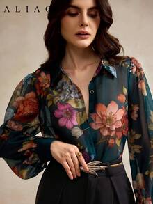 Aliao 高端印花长袖薄纱衬衫，度假风，女士秋季服装，纽扣衬衫，Fowy 夏季上衣 - 彩色 - 查看 3