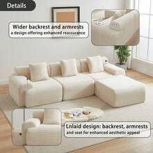 114-Inch Corduroy Modular Sofa Boneless Couch, Featuring An Inlaid Structural Design, Three Throw Pillows, Wider Backrest Design And Four Freely Configurable Modules. - Beige + Corduroy + 4 Seat - View 6