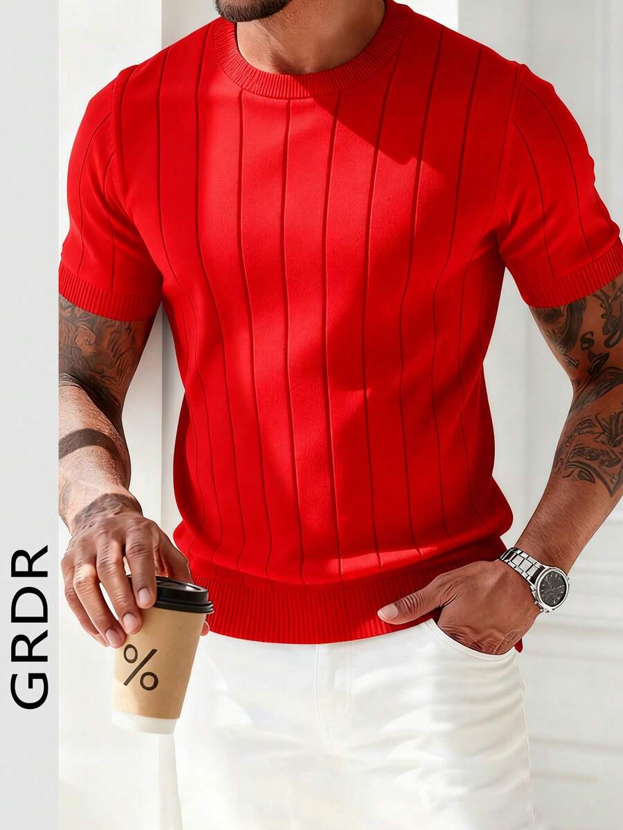 GRDR Men's Summer Ribbed Crew Neck Lightweight Knit Short Sleeve Sweater - Red - View 1