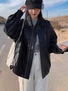 chaqueta de mujer Chaqueta de piel marrón para mujer, nueva colección primavera-verano, estilo hongkonés retro, chaqueta americana tipo motero Melard - Negro - Ver 3