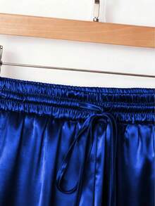 1 chiếc quần dài bằng vải dệt màu trơn, có dây rút ở eo, thích hợp cho kỳ nghỉ, du lịch, đi học, dự tiệc, sân bay, biểu diễn sân khấu và hòa nhạc, mùa thu/đông với chất liệu bóng mượt. - Màu xanh lam - Xem 5