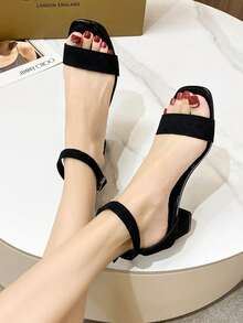 女士黑色粗跟凉鞋，学生百搭露趾罗马高跟鞋 - 黑色 - 查看 6