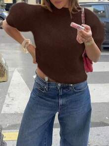 Áo len nữ tay ngắn cổ tròn mùa xuân/hè, áo len nữ dáng rộng thoải mái đi làm, áo len màu trơn thanh lịch đa năng mặc hàng ngày. - đỏ thẫm - Xem 6