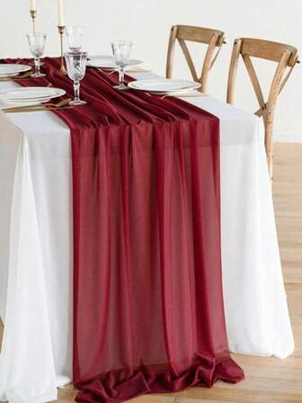Burgundy Romantic Shiny Chiffon Table Runner, Sheer Chiffon Wedding Table Drape, Transparent Chiffon Wedding Backdrop Curtain, Romantic Chiffon Outdoor Window Curtain, Transparent Arch Canopy, Suitable For Wedding, Bridal, Birthday Party, Holiday, Dining Table Centerpiece, Large Banquet Tablecloth, Photography Prop, Thanksgiving Wedding Ceremony Party Ceiling Decor