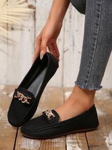 New Plus Size Slip-On Loafers, Versatile Daily Commute Shoes, Solid Color Design, Metal Buckle, Round Toe, Breathable Linen Material, Handmade Floral Decor, Casual Women Moccasins, Suitable For Spring, Summer, And All Seasons - Black - View 3