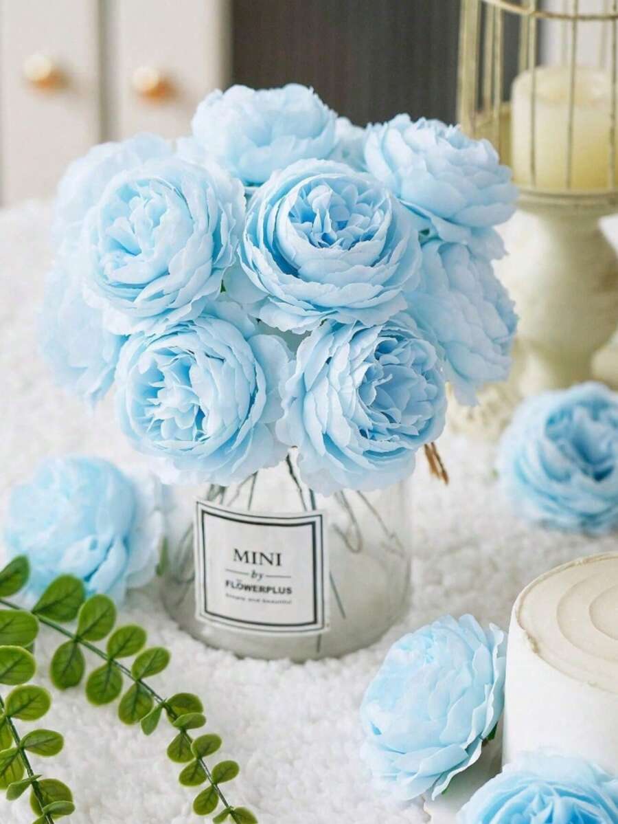 6/12/24/36pcs Artificial Peony Flowers With Stems, Suitable For Wedding Party Decor, Cake Decoration, Home Living Room Tabletop, Artificial Plants, Autumn Decor, Room, Desk, Garden Decor And Indoor Ornaments (Default 6pcs With Stems) (Random Style Shipped) - Baby Blue - View 1