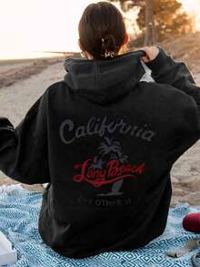 Women's California Beach Print Zip-Up Hoodie - Oversized Pullover Sweatshirt With Palm Tree & Surfboard Graphics, Soft Fabric Long Beach Design, Machine Washable Winter Hooded Jacket For Casual Streetwear (California License Plate Style) - 黑色 - 查看 2
