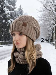 Winter Knitted Hat & Scarf Set, Unisex Warm Knitted Hat With Ear Muffs, Knitted Blend Beanie And Scarf Set For Cold Weather - Khaki - View 7