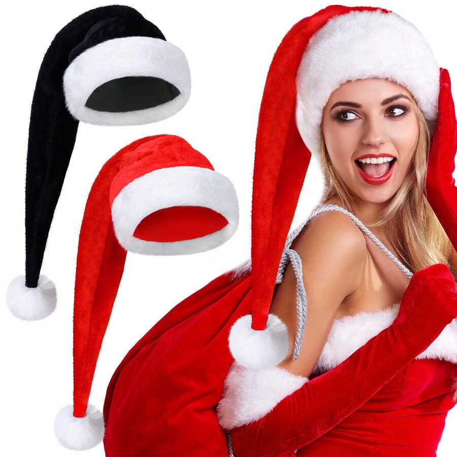 1pc Extra Long Plush Christmas Hat - Red & Black Santa Hat With Fluffy Trim, Hand Wash Only, No Electricity Needed, Festive Holiday Decor For Parties, Gifts, And Home Decor, Christmas Hat, Party Accessory, Soft Texture, Durable Material, Gift Shoppers For Halloween, Christmas Event & Party Supplies