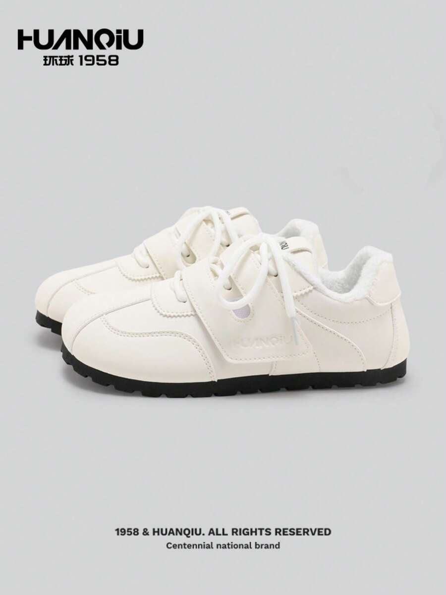 HUANQIU 女士魔术贴运动鞋，保暖内衬，休闲运动鞋，轻便易穿，适合冬季穿着 - 白色 - 查看 1