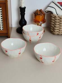 Cabin Kangaroo 1pc/2pcs/4pcs Set Asymmetrical Ceramic Bowl Set | 3D Heart Print Rustic Style Ceramic Bowl | Cute Pink Rim Snack/Salad Bowl, Suitable For Tabletop Decor And Daily Use - Multicolor - View 7