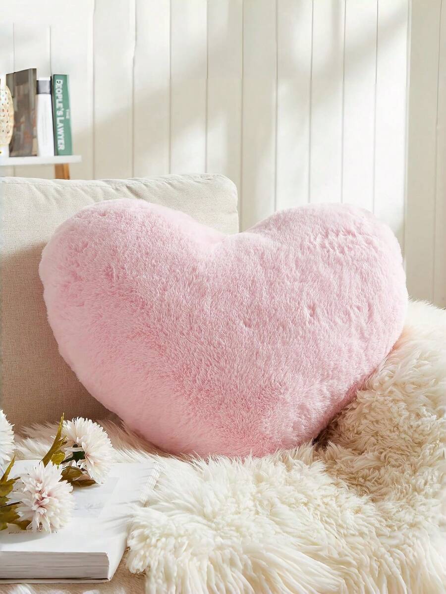 情人节心形抱枕，柔软粉色心形靠垫，可爱仿兔毛装饰枕，完美适用于情人节卧室、沙发、床和其他家居装饰，送给爱人的情人节礼物，粉色 - 淺粉色 - 查看 1