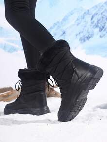 女士系带高帮靴，保暖雪地靴，中筒冬季鞋，户外休闲运动靴 - 黑色 - 查看 3