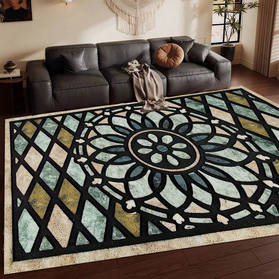 850g Per Square Meter, Vintage Style Floor Mat Carpet, Central Flower With Geometric Diamond Pattern, Thickened And Soft, Living Room Carpet, Bedroom Carpet, Entryway Carpet, Front Door Indoor Corridor, Cozy Home, Home Decoration - Multicolor - View 1