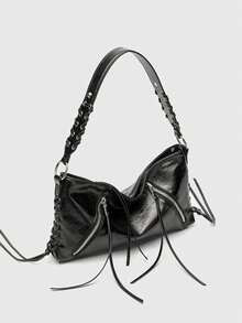 Style inspiré de la moto, ornements zippés, sac fourre-tout tressé, fermeture éclair, sac à épaule décontracté pour femmes, convient pour les vacances, les déplacements, les courses, etc. - Noir - Voir 2