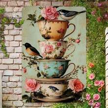 Targa in metallo vintage con motivo floreale a tazza da tè - opera d'arte da parete rustica con rose rosa e uccellini blu, targa in ferro per decorazione di casa, ufficio, caffè, biblioteca, senza bisogno di elettricità, facile da appendere, decorazione per esterni - Multicolore - Visualizzare 1
