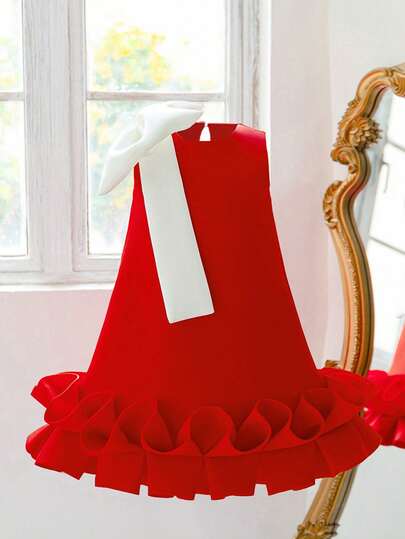 女童无袖撞色大蝴蝶结荷叶边层叠优雅派对公主裙，适合生日庆祝、舞会、毕业典礼等场合，不含头饰