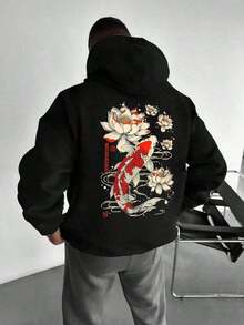 LCMen's Casual Street Carp & Print Pocket Drawstring Hoodie, Thermal Lined, Autumn/WinterCasual Daily Wear Ropa De Hombre Sudaderas Para Hombre Hoodies Men Men Fall Clothes Thanksgiving Day Halloween Men Clothes - 黑色 - 查看 5