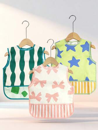 1pc Toddler Polyester Bib, Large Capacity Pouch, Cute Sleeveless Lightweight Waterproof Smock, Adjustable Hook And Loop Back Strap, Suitable For Feeding