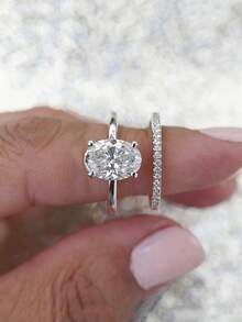 CVNANA 2pcs Luxury Cubic Zirconia Ring Set, Shiny Oval Engagement/Wedding/Promise/Eternity Rings, Exquisite Jewelry, Gifts For Valentine's Day, Mother's Day And Christmas - B - View 9