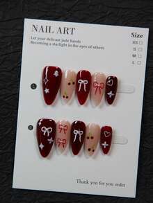 10 Peças Adesivos de Unhas em Formato de Amêndoa Feitos à Mão com Desenhos de Cereja, Estrela de Cinco Pontas, Flor de Cerejeira, Laço, Decoração Bonita para Festas, Casamentos, Uso Diário, Inclui Ferramentas de Manicure, Ótimo Presente para Mulheres e Meninas