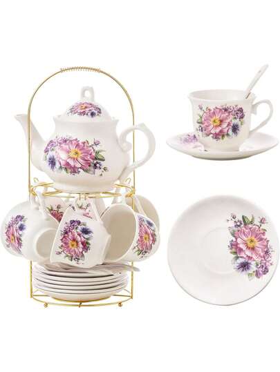 20-Pieces Tea Set For Adult With Golden Metal Rack,Porcelain Tea Sets For Women,Tea Gift Sets For Home&Party(K018),34066112