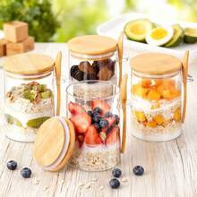 4pcs 16oz Overnight Oatmeal Glass Jar With Lid, Oatmeal Cup With Spoon, Perfect Gift For Meal Preparation, Large Capacity Breakfast Oatmeal Glass Jar, Glass Food Preparation Container, Glass Jar For Storing Oatmeal, Yogurt. - 透明 - 查看 1