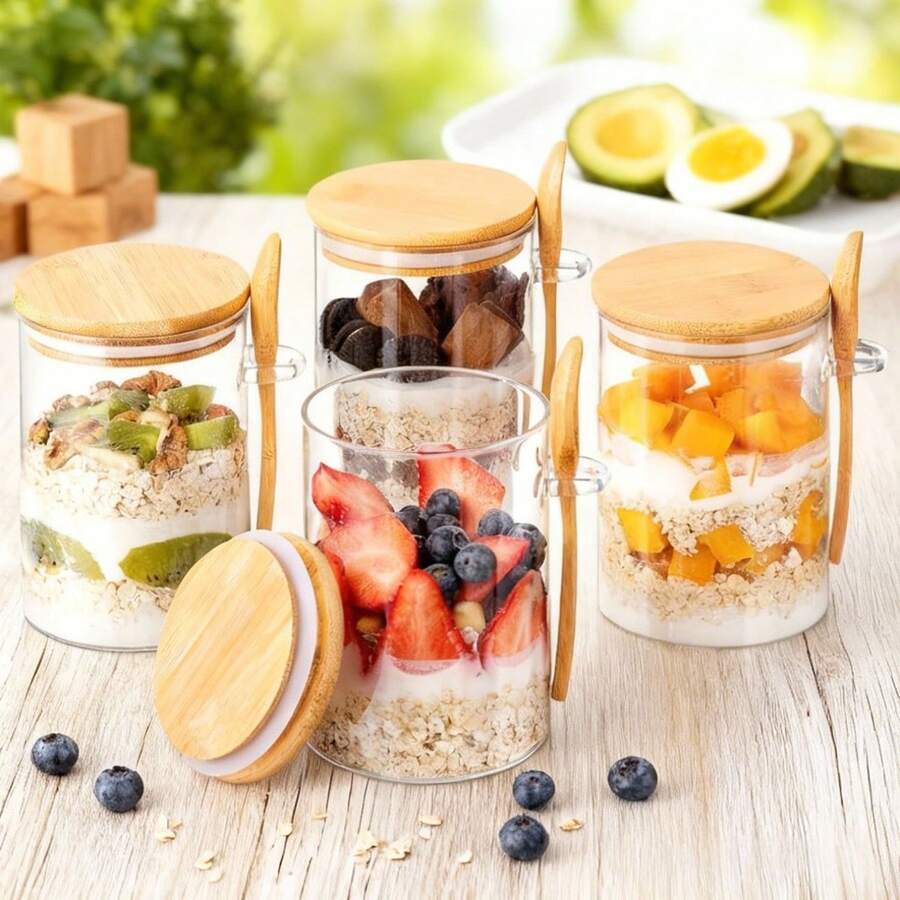 4pcs 16oz Overnight Oatmeal Glass Jar With Lid, Oatmeal Cup With Spoon, Perfect Gift For Meal Preparation, Large Capacity Breakfast Oatmeal Glass Jar, Glass Food Preparation Container, Glass Jar For Storing Oatmeal, Yogurt. - 透明 - 查看 1