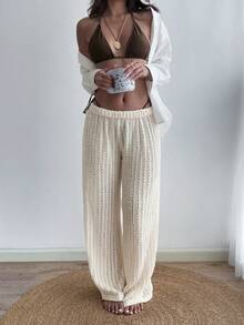 女士休闲纯色奶油色纹理透视性感提花宽松长裤，适合夏季度假、海滩、运动、日常穿着、情人节约会 - 杏色 - 查看 5