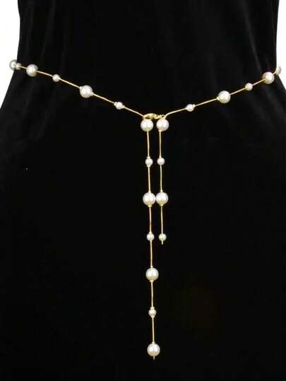 1件不对称珍珠串珠流苏腰链，合金仿珍珠串珠流苏装饰腰带，不对称腰链，复古百搭身体链，适合搭配连衣裙和牛仔裤，女士腰部配饰