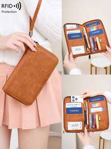 新款RFID屏蔽拉链钱包护照夹收纳包，多功能大容量护照夹，时尚旅行收纳包，适用于飞机、旅行、健身、露营、邮轮、度假等场合，轻便防水，旅行必备，男女通用，旅行必备，假日必备，返校必备 - 棕色 - 查看 4
